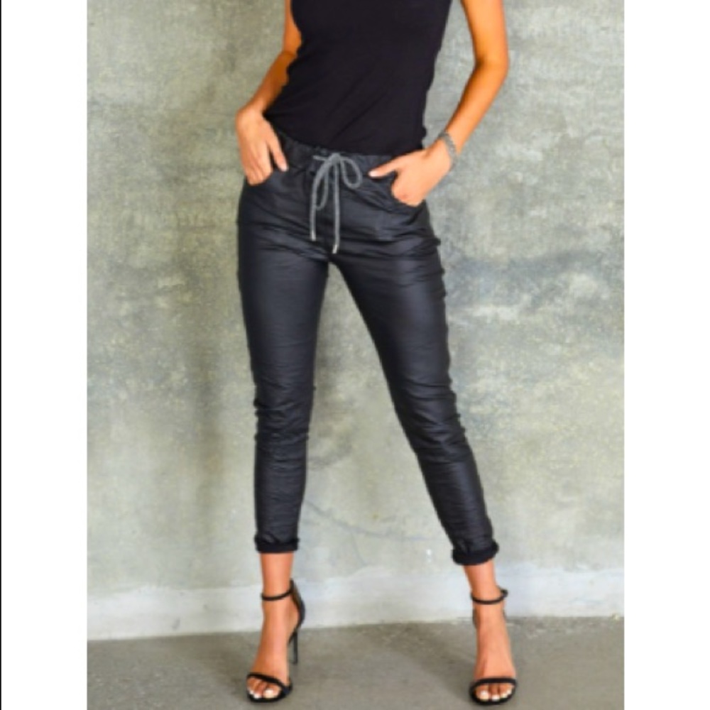 Black PU leather joggers